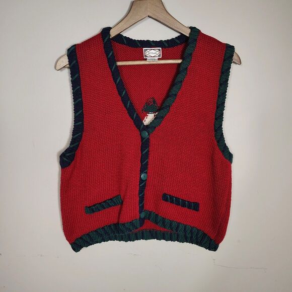 Vtg 90s Southwestern Knit Sweater Vest Red Geometric Aztec Cottage Cabin Large - Picture 1 of 6